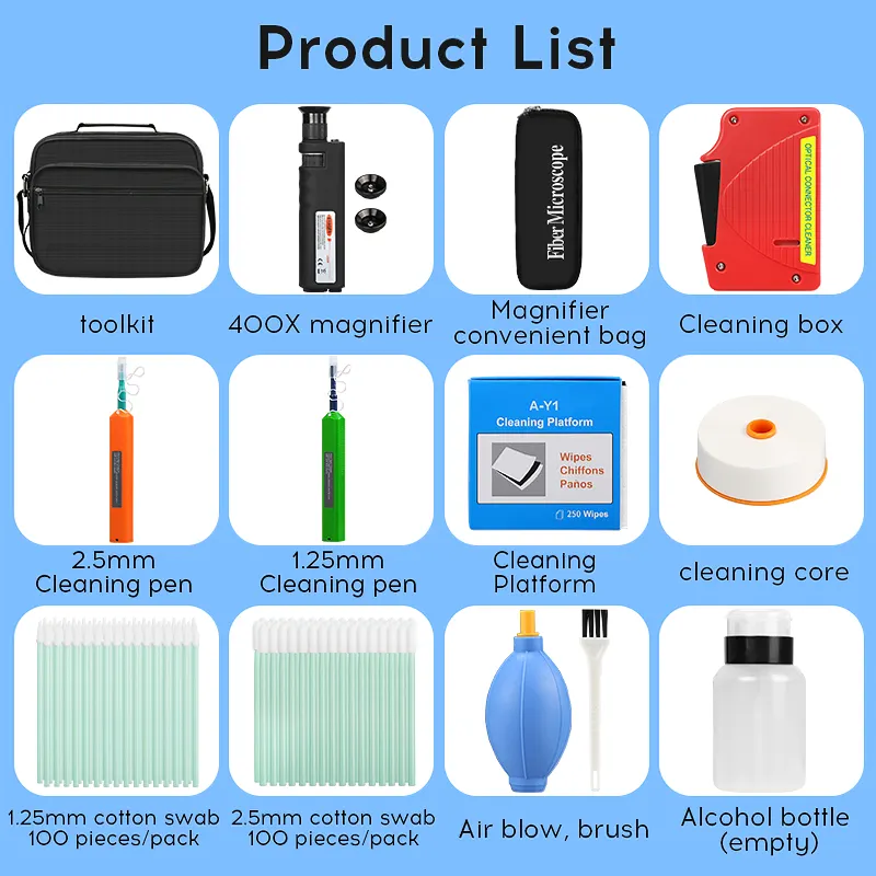 COMPTYCO fiber optic tool kit 13 pieces, one click 1.25/2.5mm SC FC ST LC cleaning pen/box fiber optic cleaner 400X fiber optic microscope fiber optic cleaning tool kit