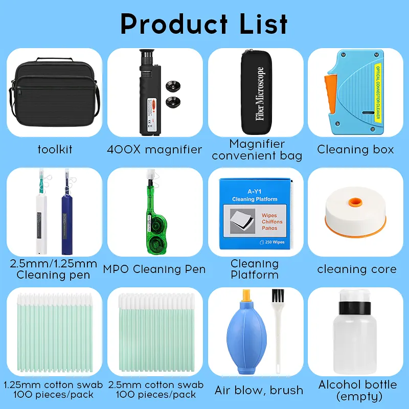 COMPTYCO Fiber End Face Cleaning 14 Piece Kit 400X Fiber Magnifier MPO Cleaning Pen Y3 Clean Paper Blue Cleaning Box
