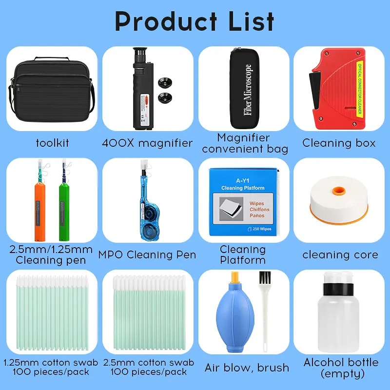 COMPTYCO Fiber End Face Cleaning Kit Set 400X Fiber Magnifier MPO Cleaning Pen Red Cleaning Box 14 Piece Set