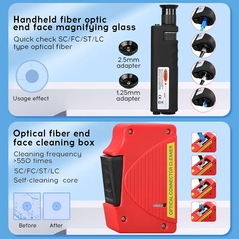 COMPTYCO Fiber End Face Cleaning Kit Set 400X Fiber Magnifier MPO Cleaning Pen Red Cleaning Box 14 Piece Set