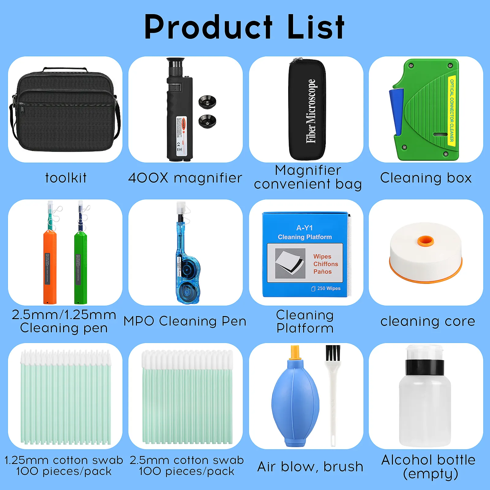 COMPTYCO Fiber cleaning Tool Kit 14pcs One Click 1.25/2.5mm MPO Cleaning Pen/Box 400X Fiber Optic Microscope Fiber Optic Cleaner