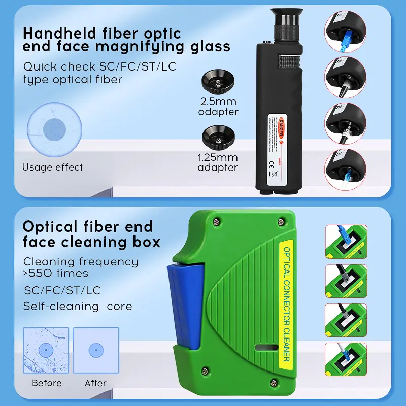 COMPTYCO Fiber cleaning Tool Kit 14pcs One Click 1.25/2.5mm MPO Cleaning Pen/Box 400X Fiber Optic Microscope Fiber Optic Cleaner