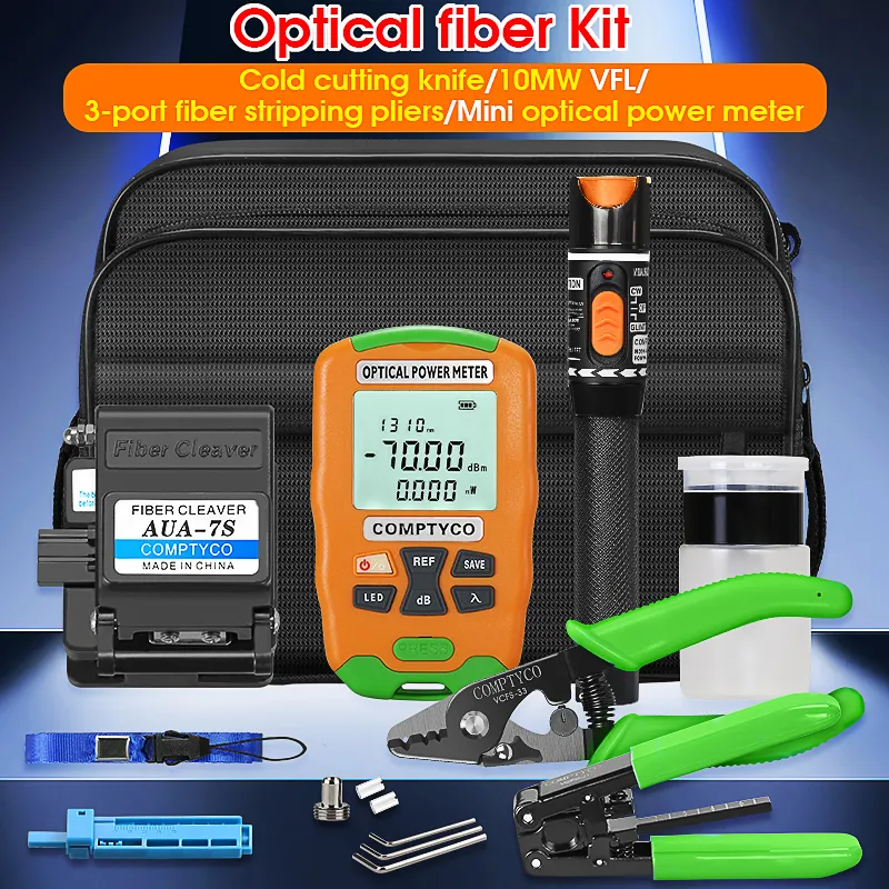 FTTH Fiber Cold Splicing Tool Kit AUA-7S Fiber Cutting Knife Red Light Pen Mini Optical Power Meter