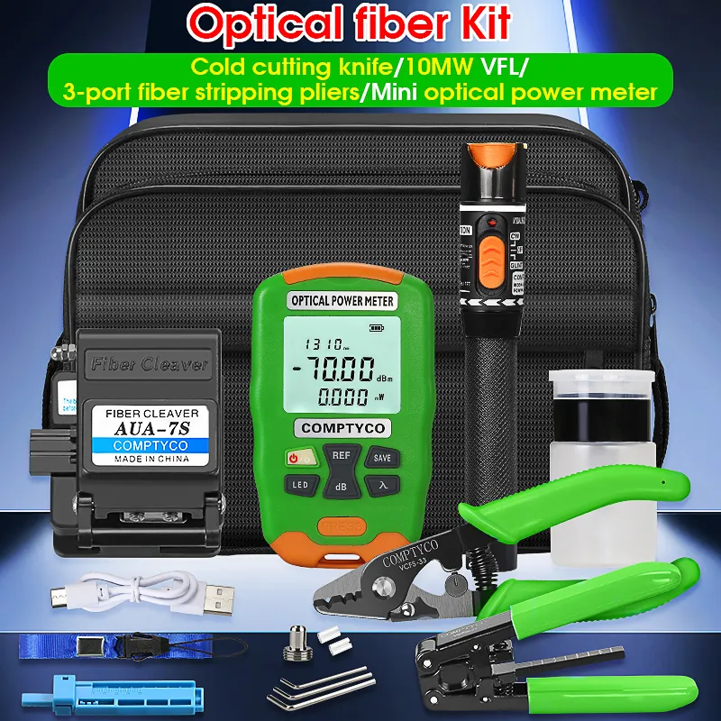 COMPTYCO Fiber Cold Splicing Kit AUA-7S Fiber Cutting Knife Red Light Pen, Charging Mini Optical Power Meter