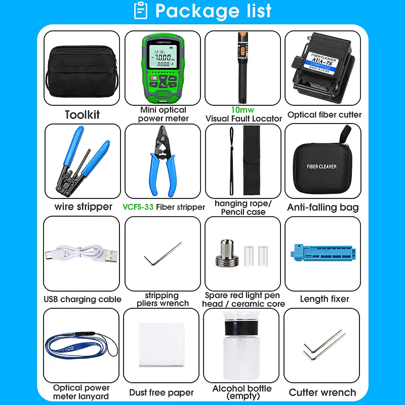 COMPTYCO rechargeable AUA-MC7 fiber optic tool kit fiber optic cutter optical power meter -70+~10dBm visual fault locator fiber optic tool kit