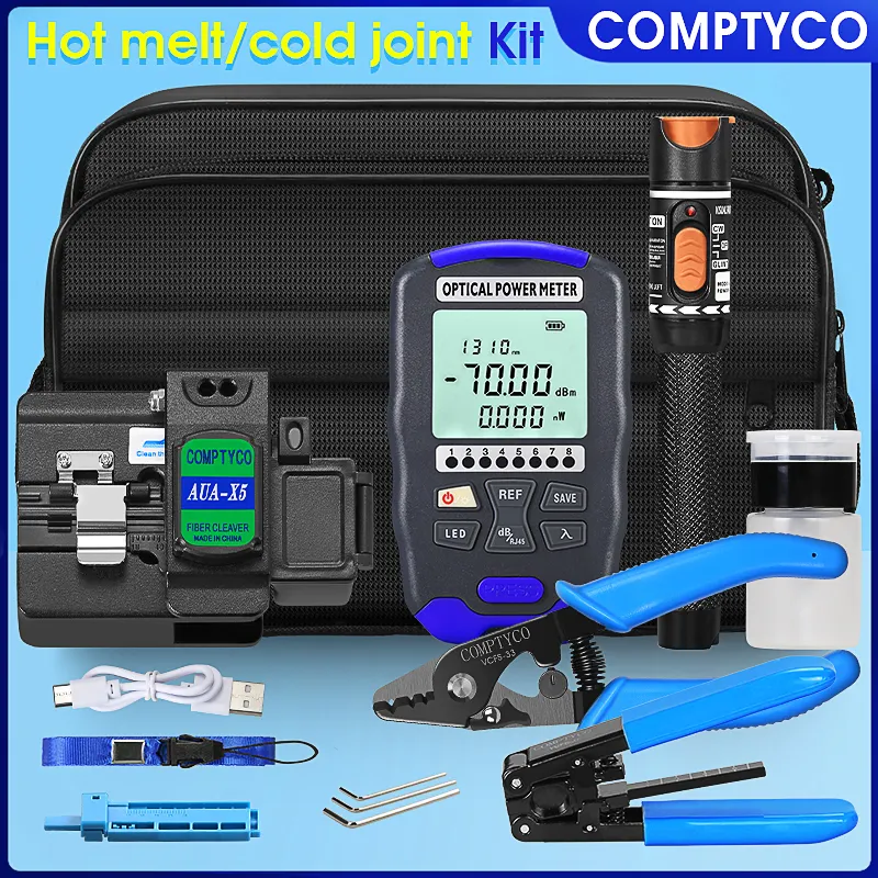 COMPTYCO AUA-DC7 rechargeable optical power meter -70+~10dBm fiber optic visual fault locator 10mw fiber optic cutter fiber optic tool kit