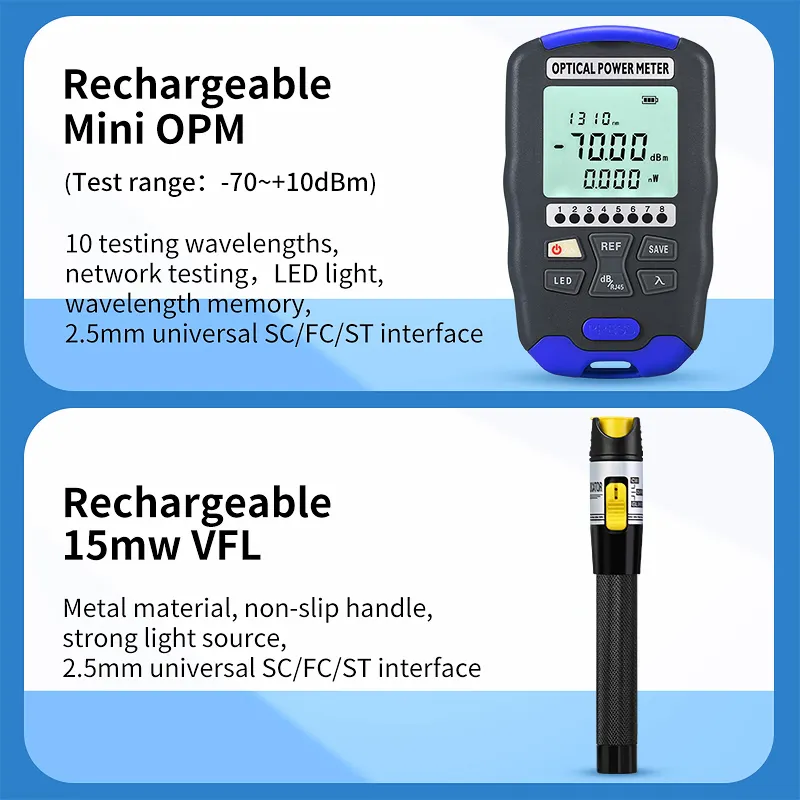 FTTH fiber optic tool kit with charging OPM VFL optical power meter visual fault locator AUA-6C fiber optic cutter fiber optic tool kit