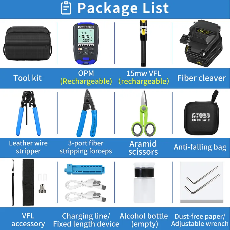 FTTH fiber optic tool kit with charging OPM VFL optical power meter visual fault locator AUA-6C fiber optic cutter fiber optic tool kit
