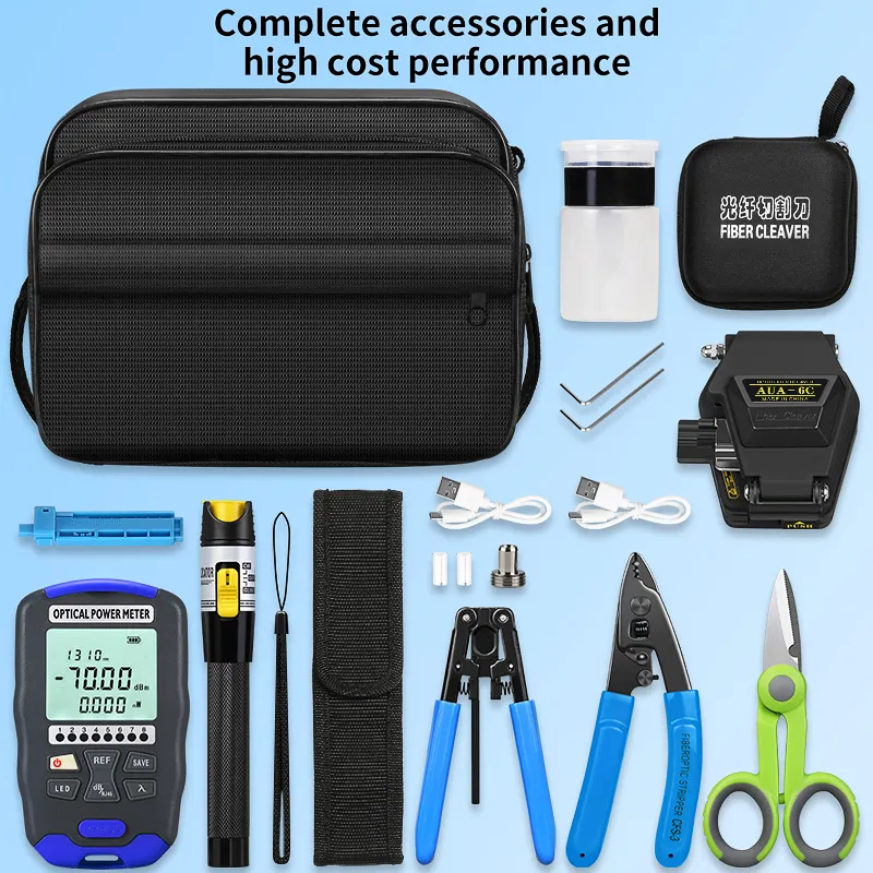 FTTH fiber optic tool kit with charging OPM VFL optical power meter visual fault locator AUA-6C fiber optic cutter fiber optic tool kit