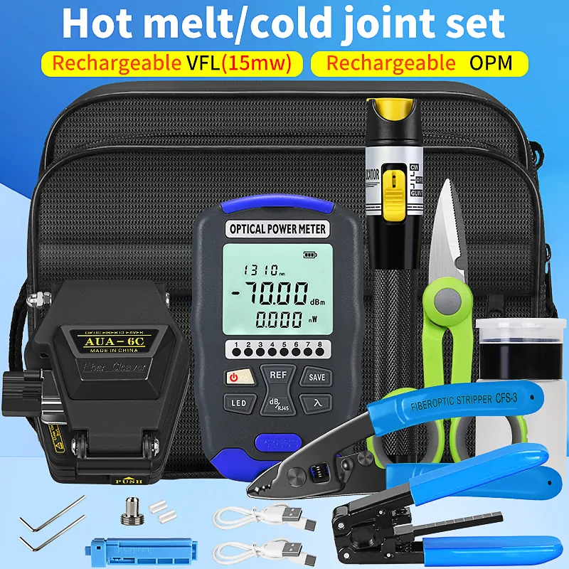 FTTH fiber optic tool kit with charging OPM VFL optical power meter visual fault locator AUA-6C fiber optic cutter fiber optic tool kit