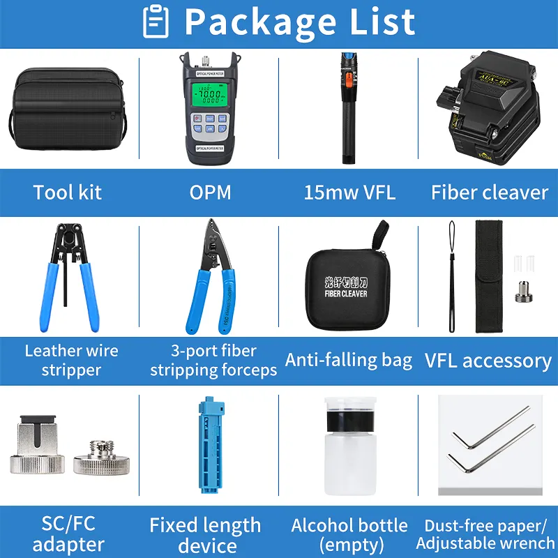 Factory Price FTTH AUA-6C Fiber Cleaver Optical Power Meter Visual Fault Locator OPM 15mw VFL kit de fibra Fiber Tool kit