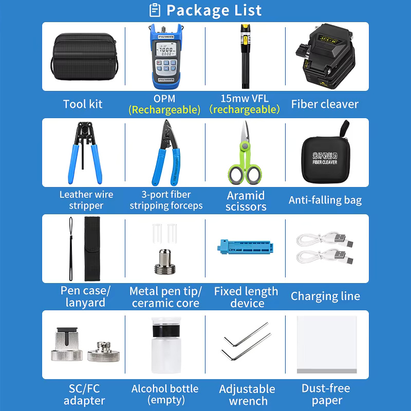 FTTH Fiber Tool Set with Recharge OPM VFL Optical Power Meter Visual Fault Locator Fiber Cleaver de fibre optique Fiber Tool Kit