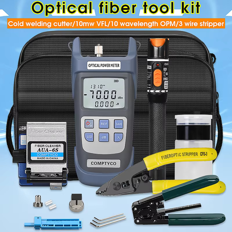 COMPTYCO 16pcs FTTH Fiber Optic Tools Kit with Fibra Optica Power Meter Visual Fault Locator fiber cleaver Kit de fibre optique