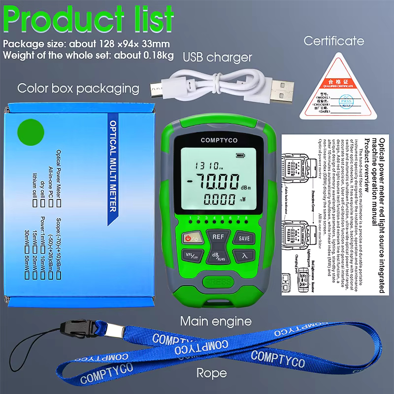 COMPTYCO Optical Multi Meter Multi-function OPM+VFL+LED+RJ45 tester Visual Fault Locator Rechargeable Mini Optical Power Meter