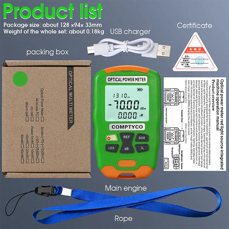 COMPTYCO high-precision handheld charging mini fiber optic tester AUA-DC7/DC5 OPM, with LED 2-in-1 fiber optic equipment optical power meter