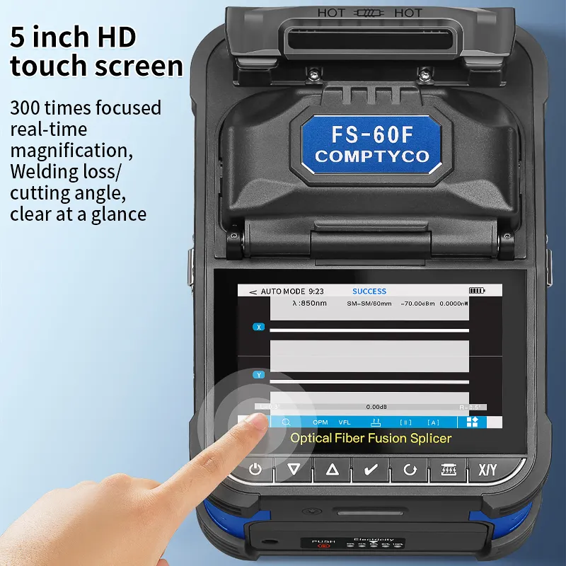 COMPTYCO FS-60F fiber optic fusion splicer with 6 motors and a 5-inch high-definition touch screen with OPM/VFL 10 voice options for arbitrary switching