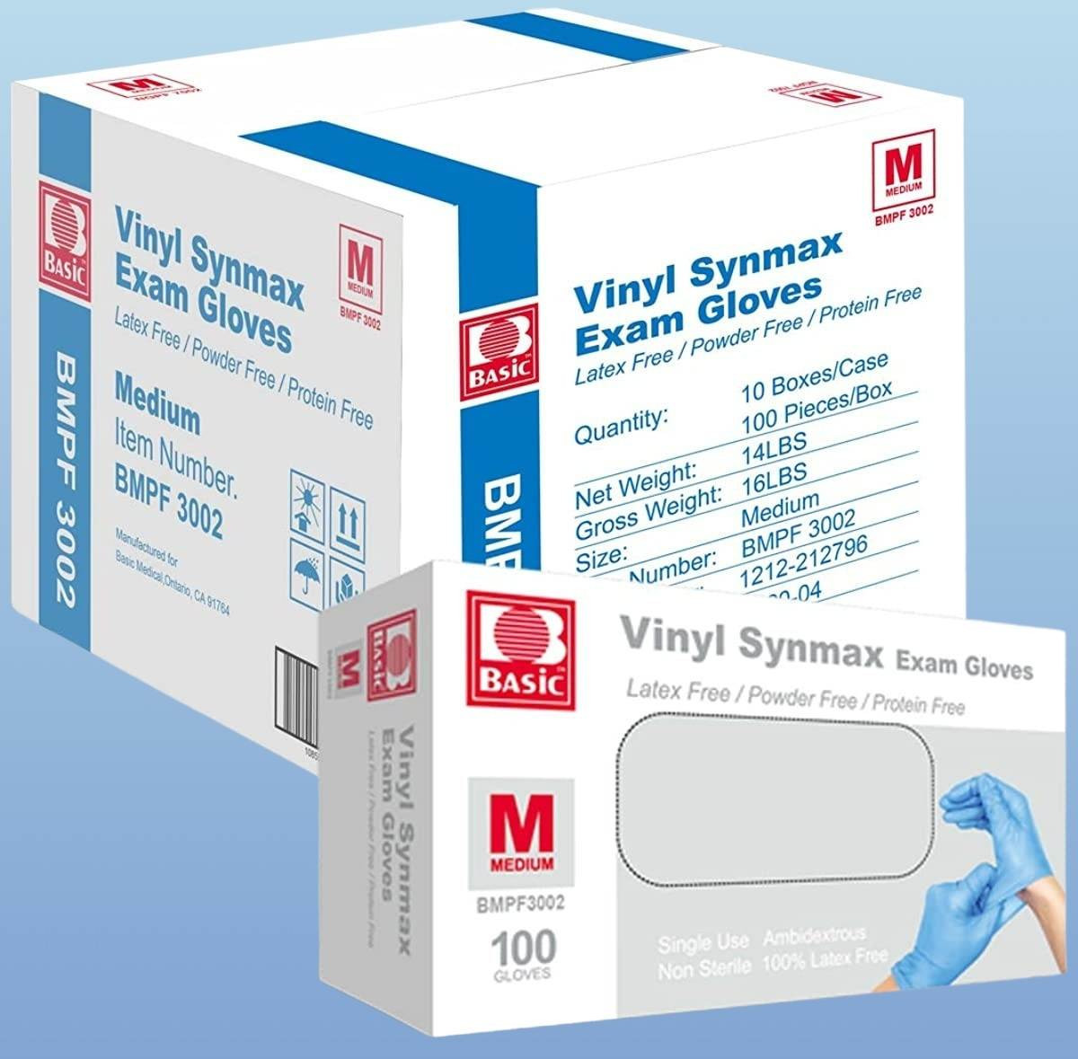 Basic Medical Synmax Vinyl Blue Exam Gloves, 3.2 mil, 100/box