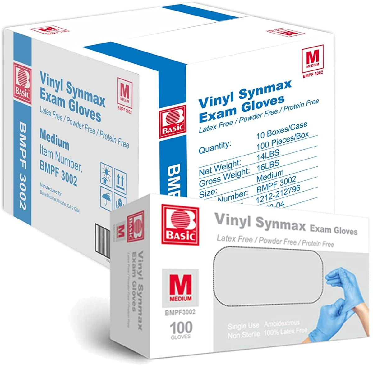 Basic Medical Synmax Vinyl Blue Exam Gloves, 3.2 mil, 100/box