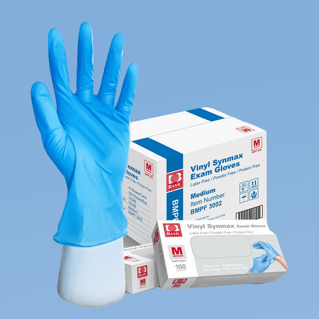 Basic Medical Synmax Vinyl Blue Exam Gloves, 3.2 mil, 100/box