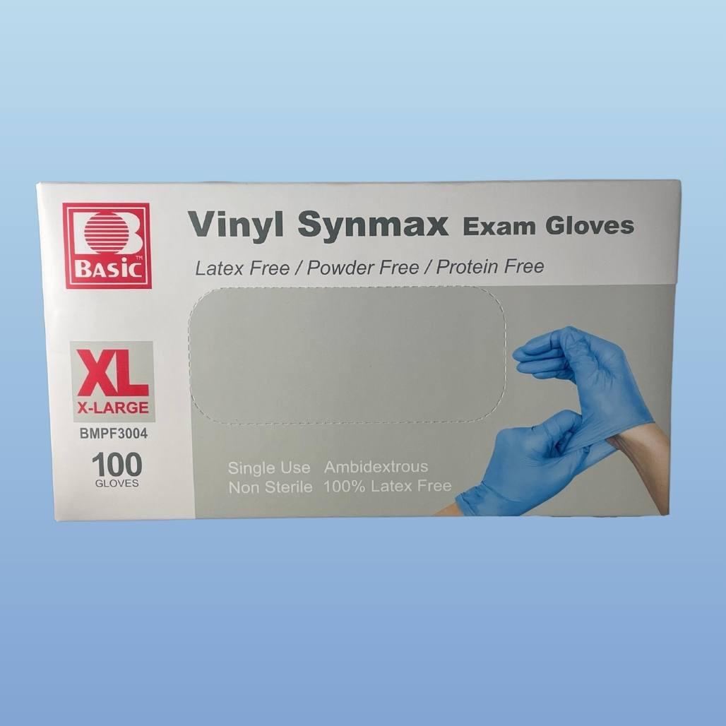 Basic Medical Synmax Vinyl Blue Exam Gloves, 3.2 mil, 100/box