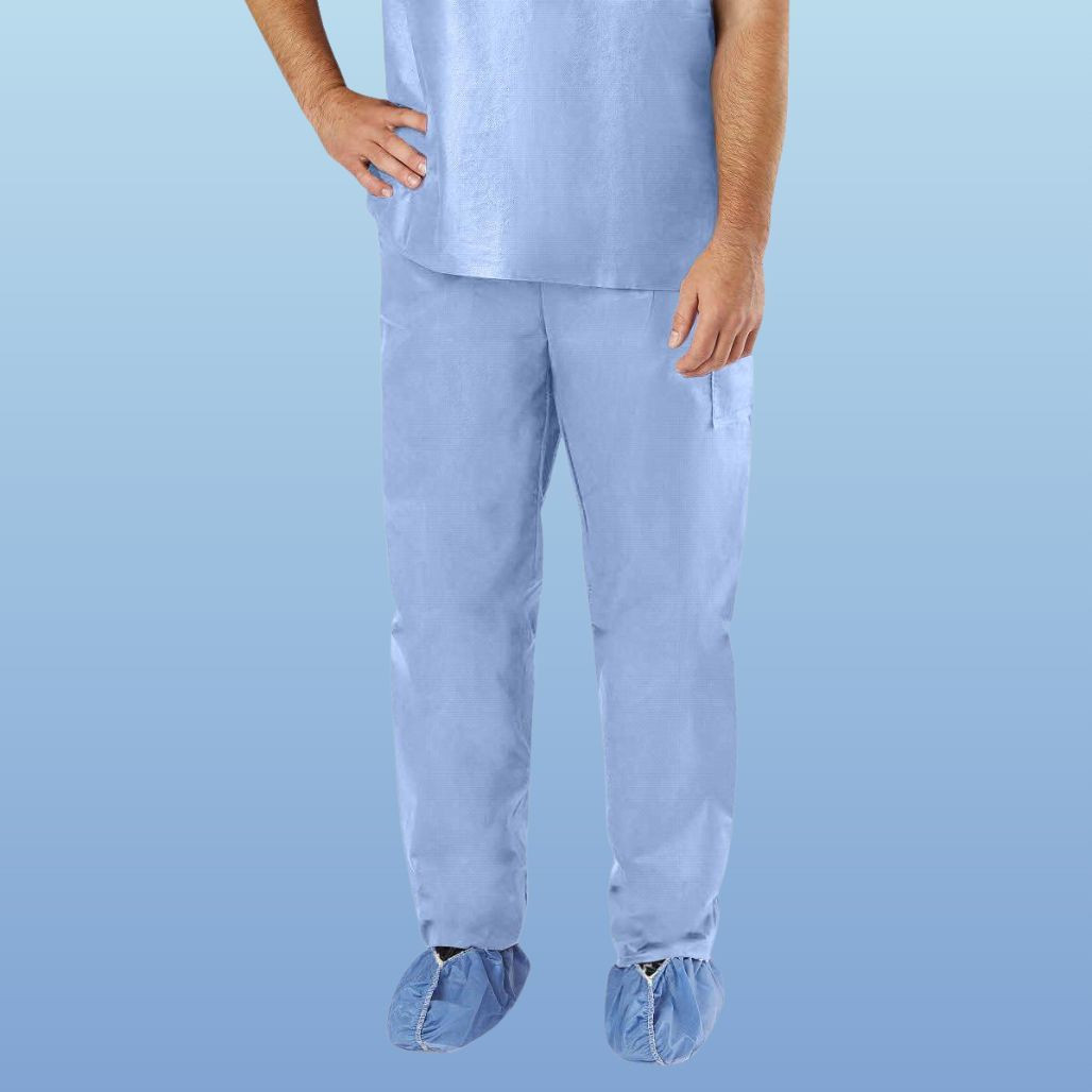 Disposable Blue Scrub Pants:Unisex Disposable Blue Scrub Pants, Elastic Waist, 30/case