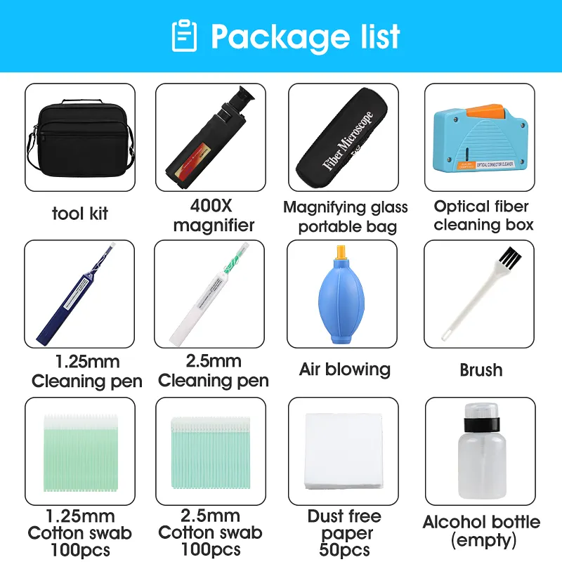 COMPTYCO Fiber End Face Cleaning Kit Set 12 Piece Fiber Cleaning Pen Cleaning Box Fiber Magnifier 400x