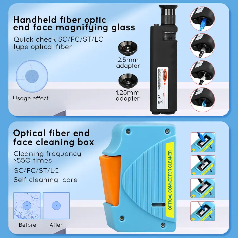COMPTYCO Fiber Optic Tool Kit 13 piece set, Y3 dust-free paper/one click 1.25/2.5mm SC FC ST LC cleaning pen/box fiber optic cleaner 400X fiber optic magnifying glass fiber optic cleaning kit