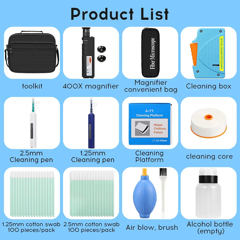 COMPTYCO Fiber Optic Tool Kit 13 piece set, Y3 dust-free paper/one click 1.25/2.5mm SC FC ST LC cleaning pen/box fiber optic cleaner 400X fiber optic magnifying glass fiber optic cleaning kit