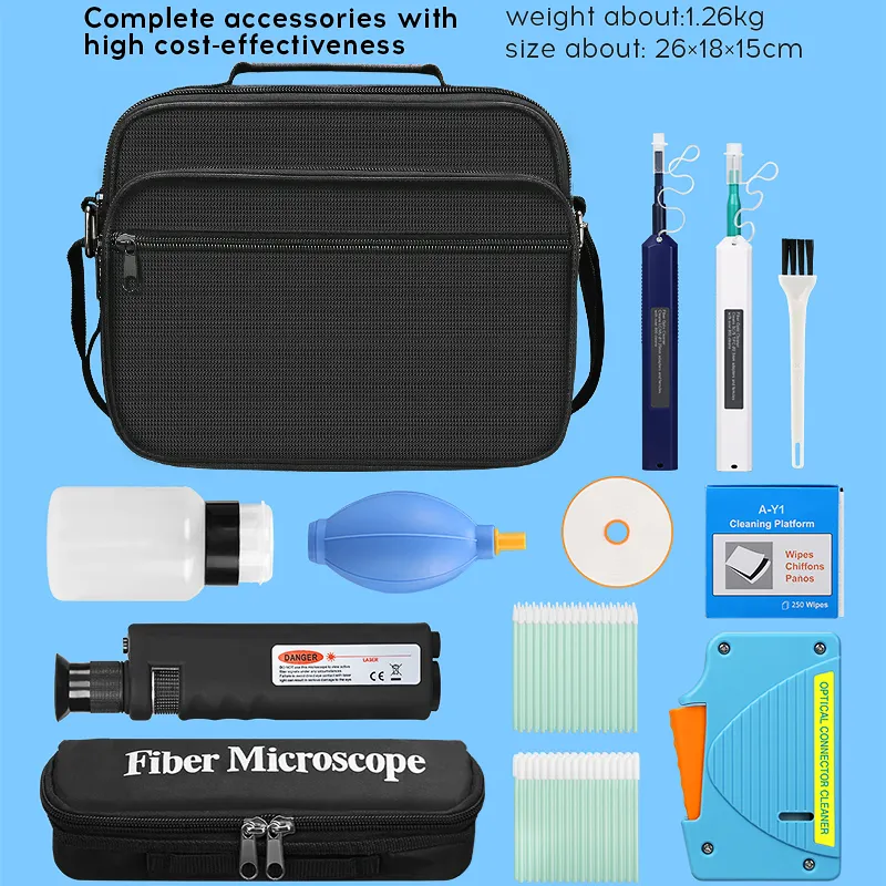 COMPTYCO Fiber Optic Tool Kit 13 piece set, Y3 dust-free paper/one click 1.25/2.5mm SC FC ST LC cleaning pen/box fiber optic cleaner 400X fiber optic magnifying glass fiber optic cleaning kit
